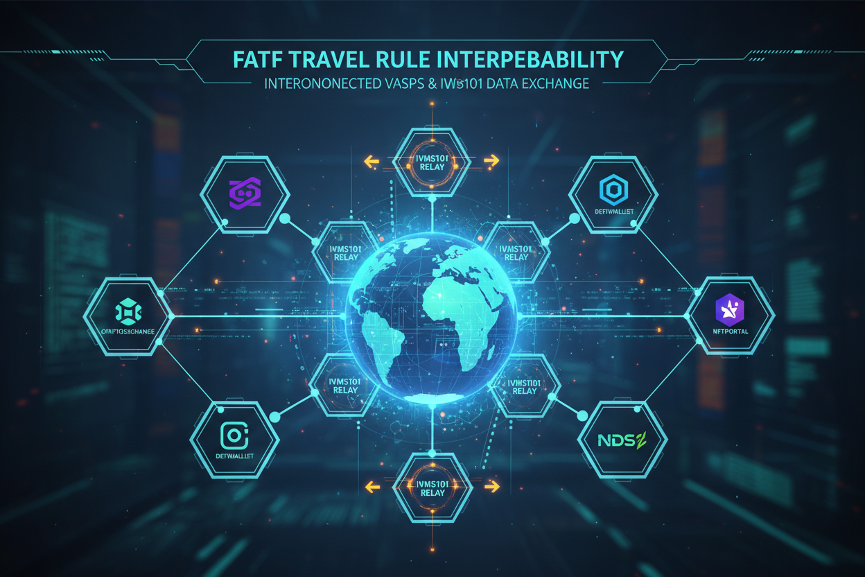 Digital illustration of interconnected VASPs exchanging secure data packets via IVMS101 relays, symbolizing FATF Travel Rule interoperability and compliance in 2026